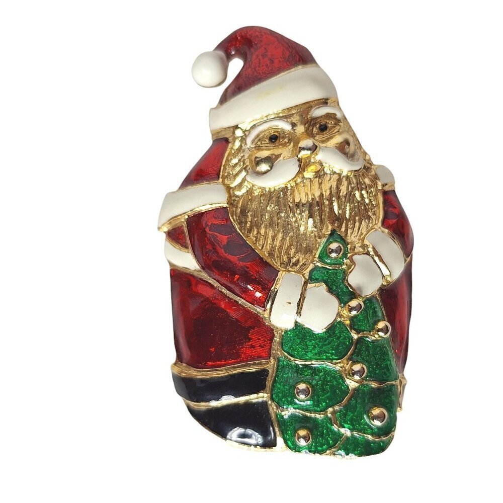 Vintage Enamel Santa Claus Christmas Tree Brooch Pin